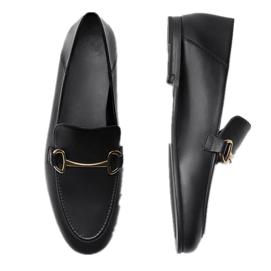 Dave&Di French Elegant Office Lady Fashion Simple Soft Shoes Women Genuine Leather Gold Buckle Flat Shoes Slip-On Loafers Shoes