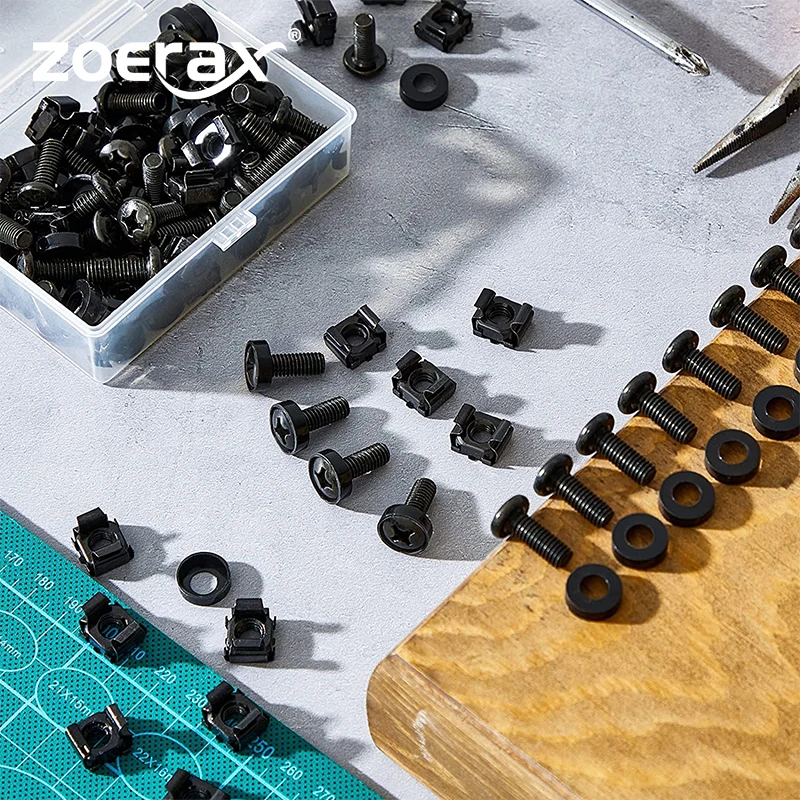 ZoeRax 50pcs M6 x 16 mm Rack Mount Cage Nuts, Screws and Carbon Steel Black Server Rack Screws Square Insert Nuts