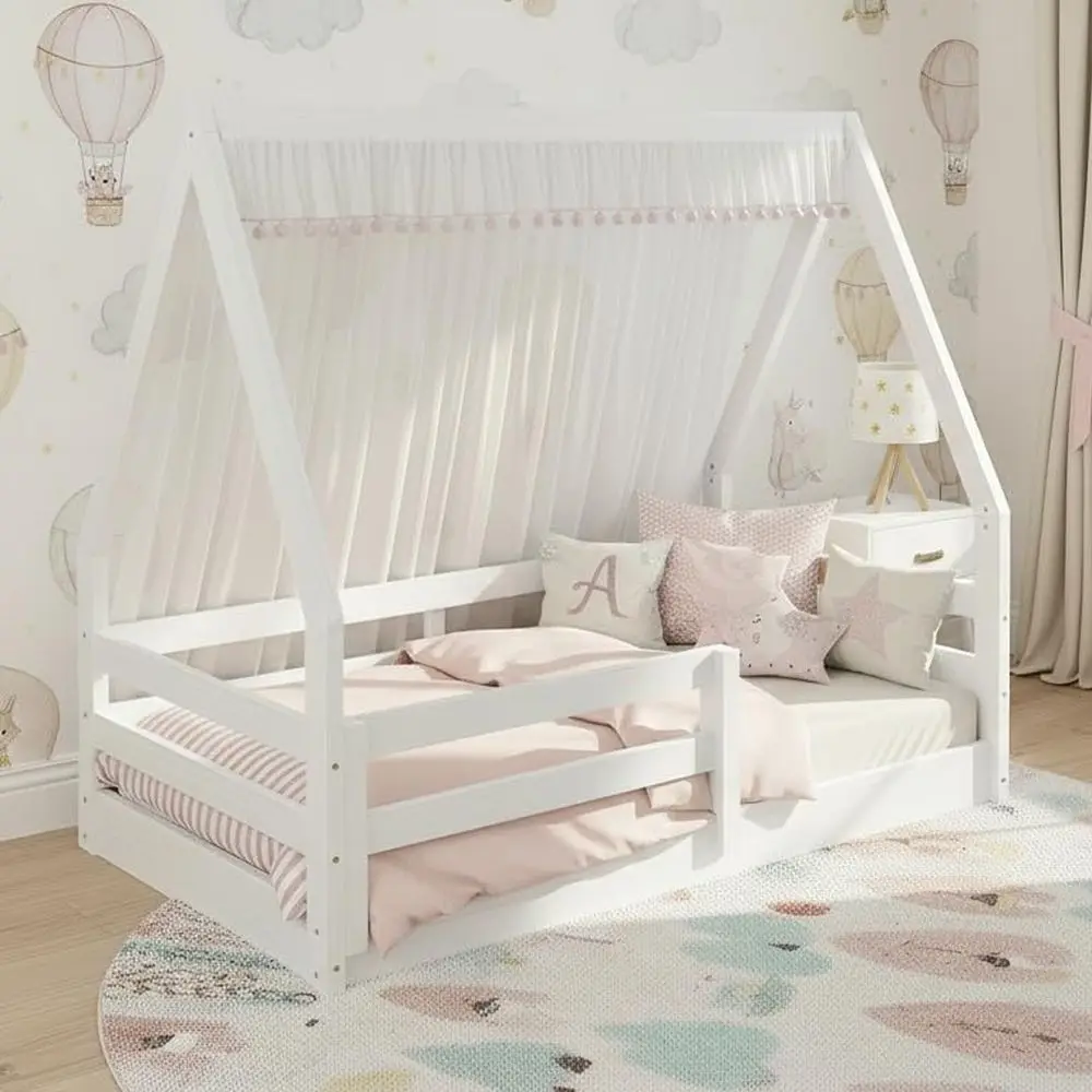 Montessori Toddler Solid Wood Floor Bed, White Painted House Frame