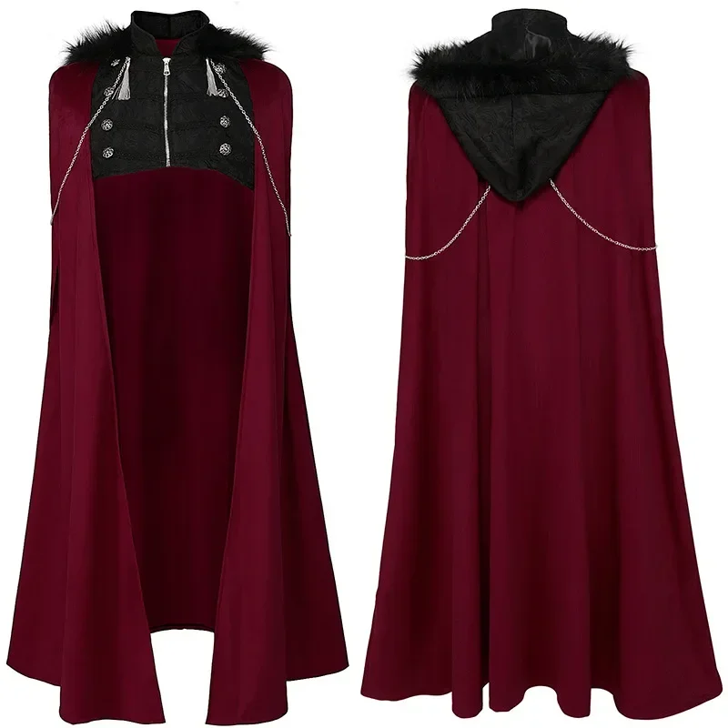 

New Medieval Punk Steam Long Fur Collar Zip-up Hooded Cape