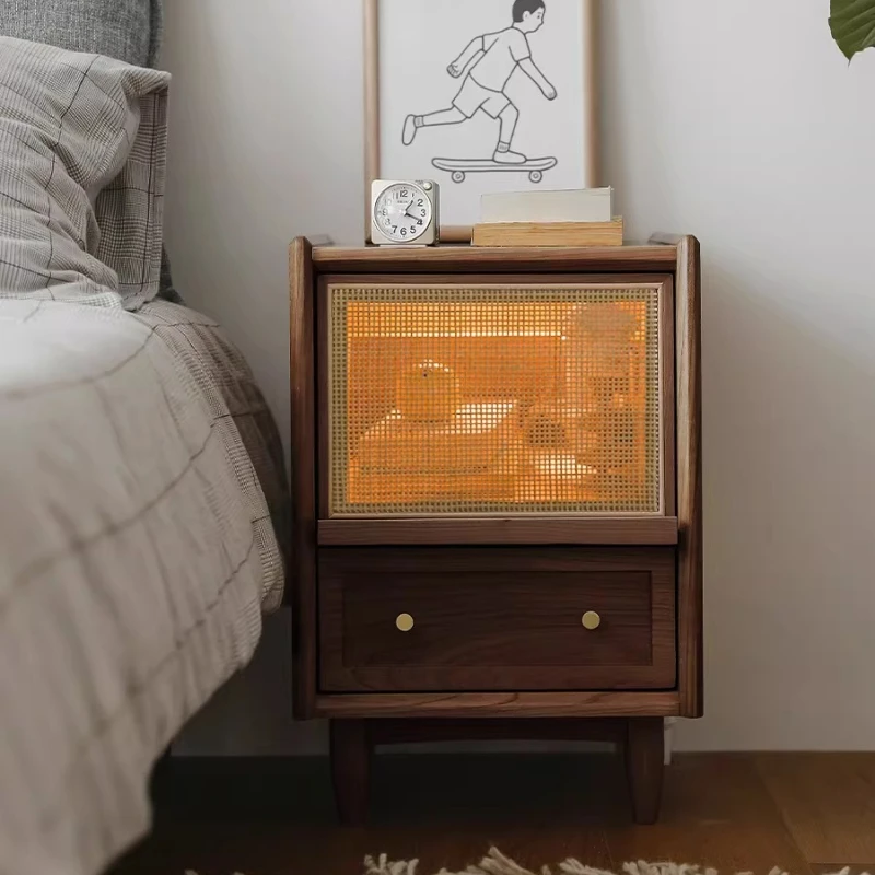 Japanese Style Solid Wood Nightstand with Rattan Drawer, Multi-Functional Bedside Storage Cabinet & Sofa Side Table for Bedroom