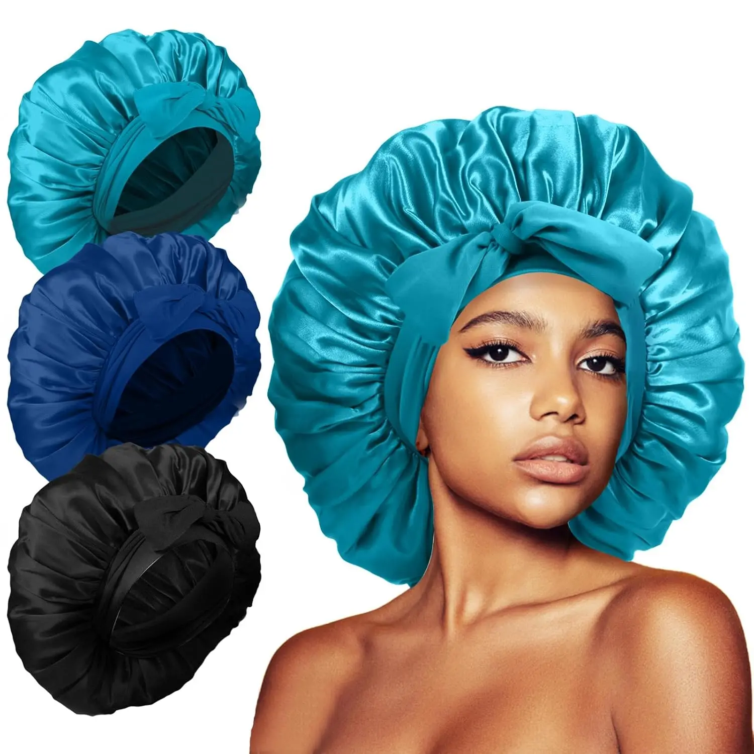 3Pcs Bonnet for Sleeping, Extra Satin Silk Bonnet for Sleeping Women with Tie Band for Curly Hair Jumbo Bonnet Braids