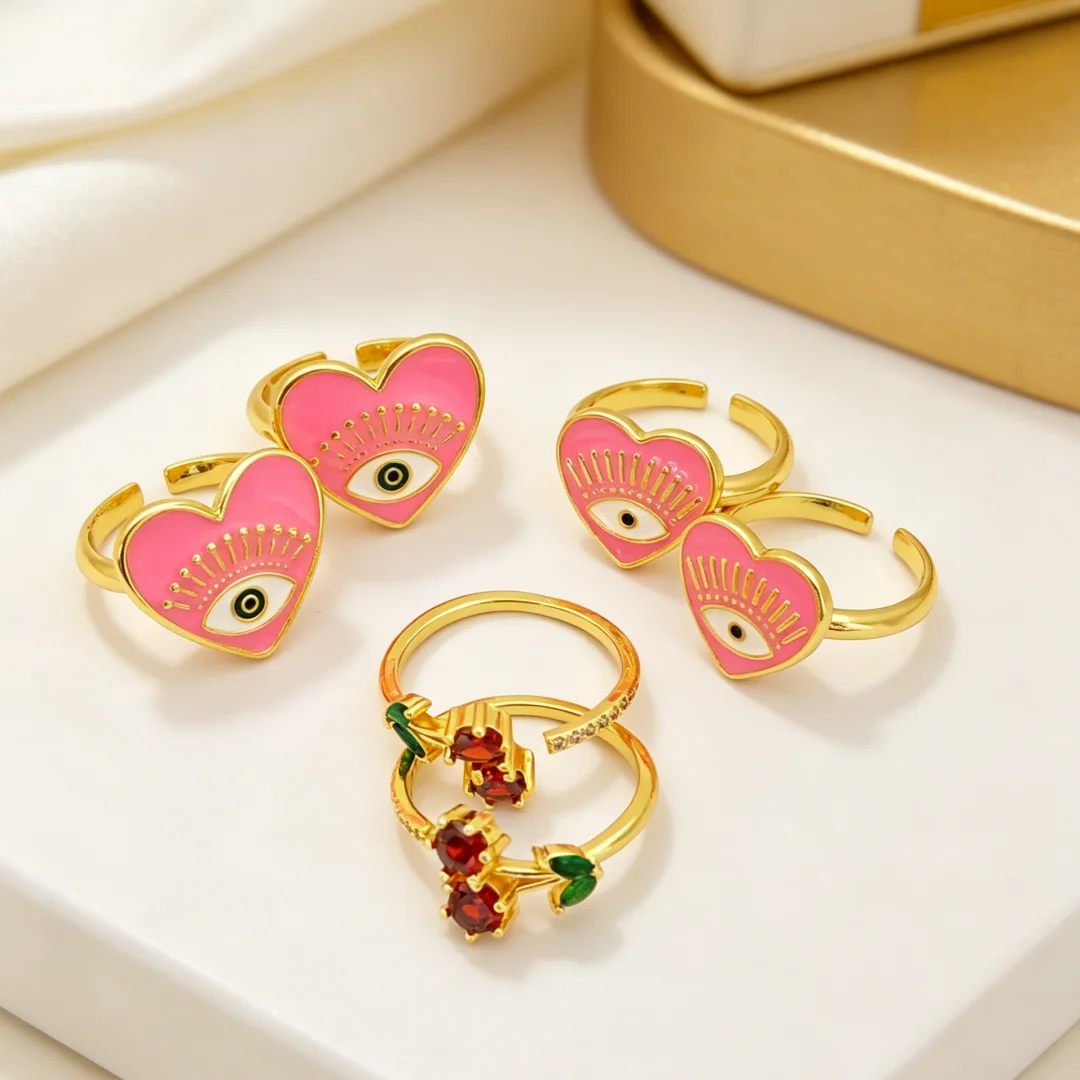 2 Pcs Heart Shape Evil Eye Enamel Cherry Cubic Zirconia Open Ring Adjustable Gold Plated Rings for Women Men Stackable Jewelry