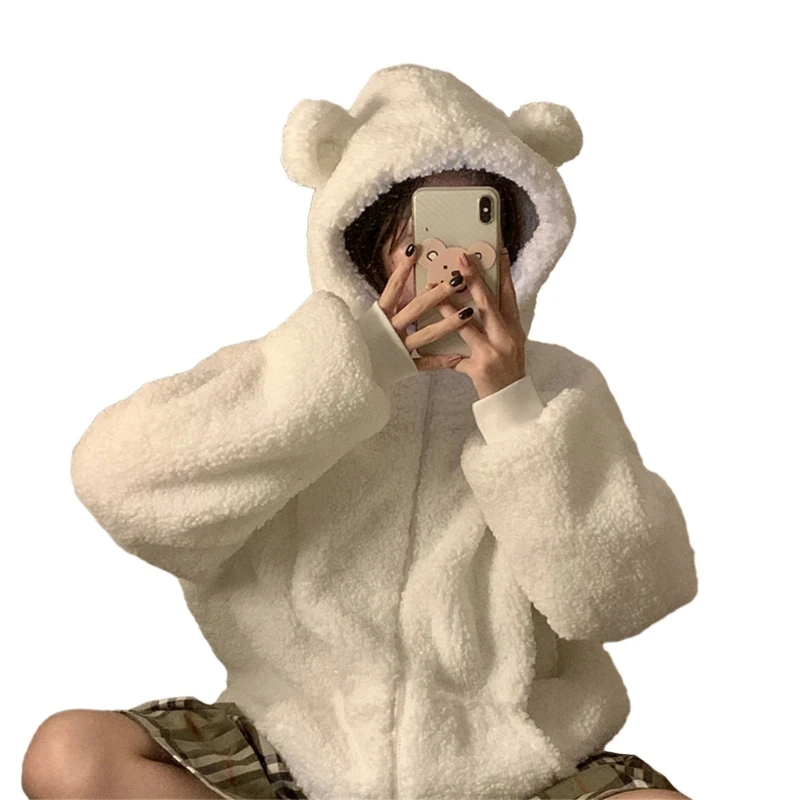 Women Long Sleeve Fleece Cute Bear Ears Hoodie Coat Zipper Up Faux Lamb Wool Oversized Sweatshirt Jacket with Pockets Dropship