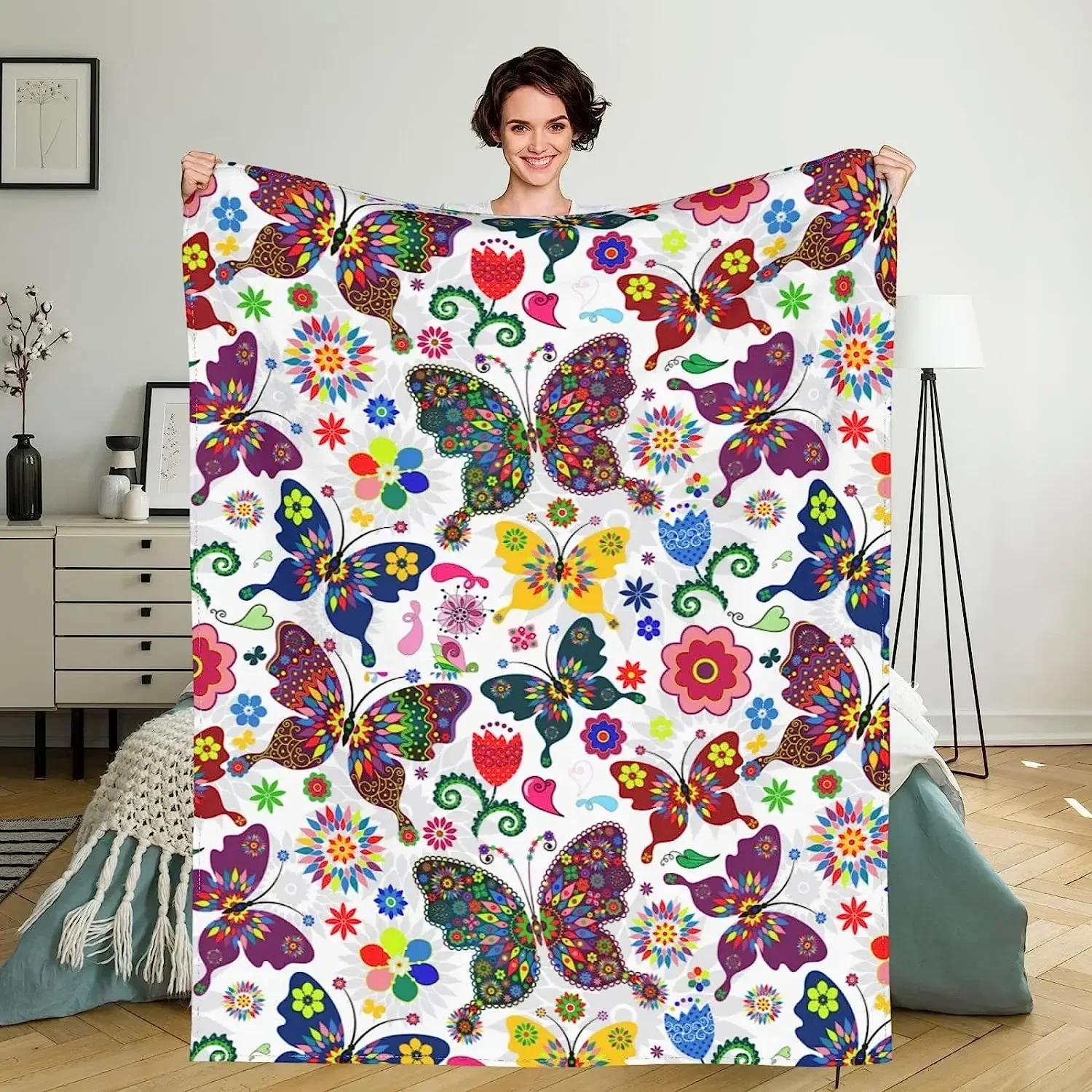 

3D Print Butterfly Fleece Blanket Sets Butterflies Flowers Cozy Warm Lightweight Travel Blankets for Bedroom children sleeping