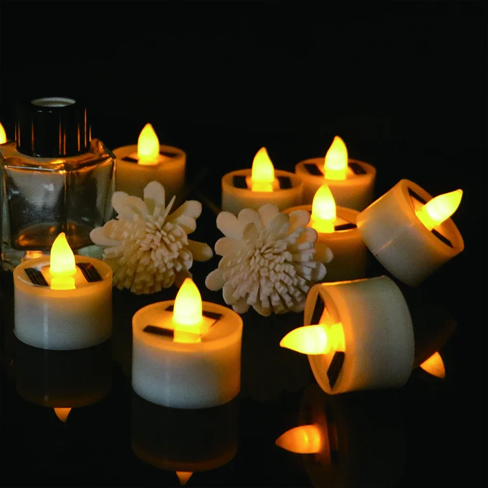 6pcs Solar Tea Lights, Outdoor Candles Lamp Flameless Solar Tea Lights Rechargeable Candles with Flickering Solar Tealights