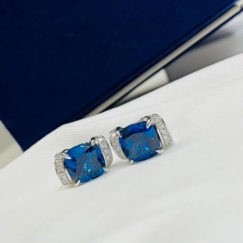 

High Quality 925 Sterling Silver Blue Zircon Cut Ribbon Earrings For Women Luxury Fine Jewelry