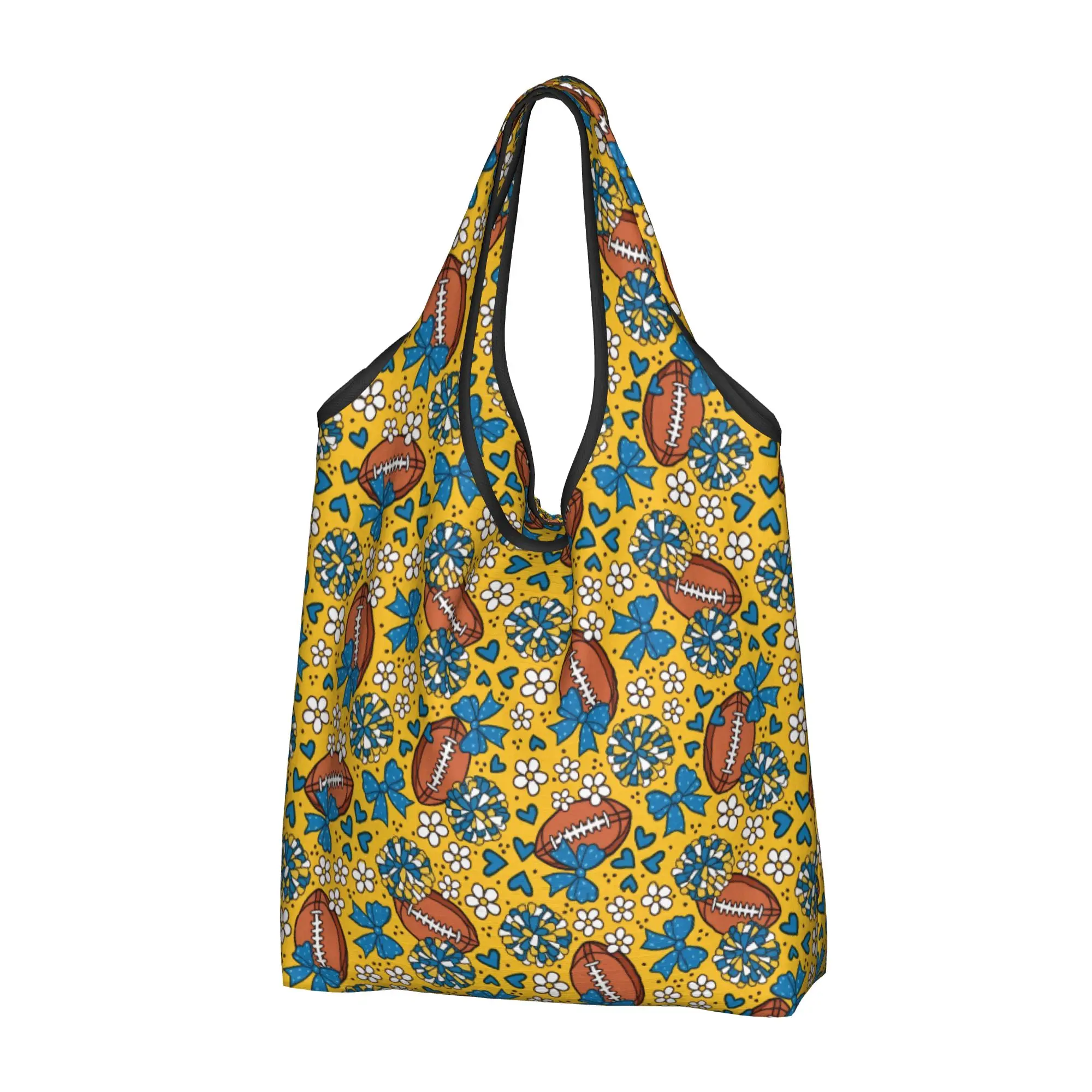 Recycling Yellow Blue Rugby Union Cheer Bows  Shopping Bag Women Tote Bag Portable Football  Grocery Shopper Bags