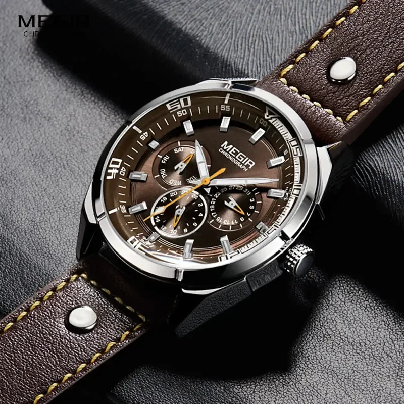 MEGIR Men's Waterproof Quartz Watches Luminous Calendar Week 24 Hours Casual Analogue Wristwatch for Man Brown 2072GBN-10