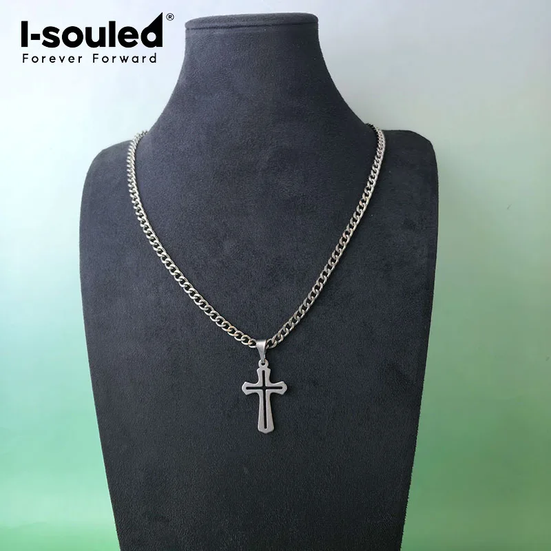 5.5mm pure titanium washed flat denim chain without buckle necklace paired with hollow cross pendant
