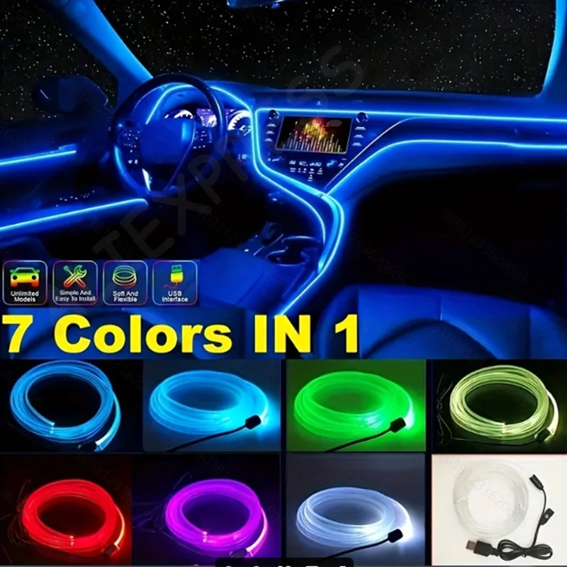 

NewRGB Car Interior LED Light Strip Ambient Neon Invisible Light USB Fiber Optic Atmosphere Lamp Support Control Colorful