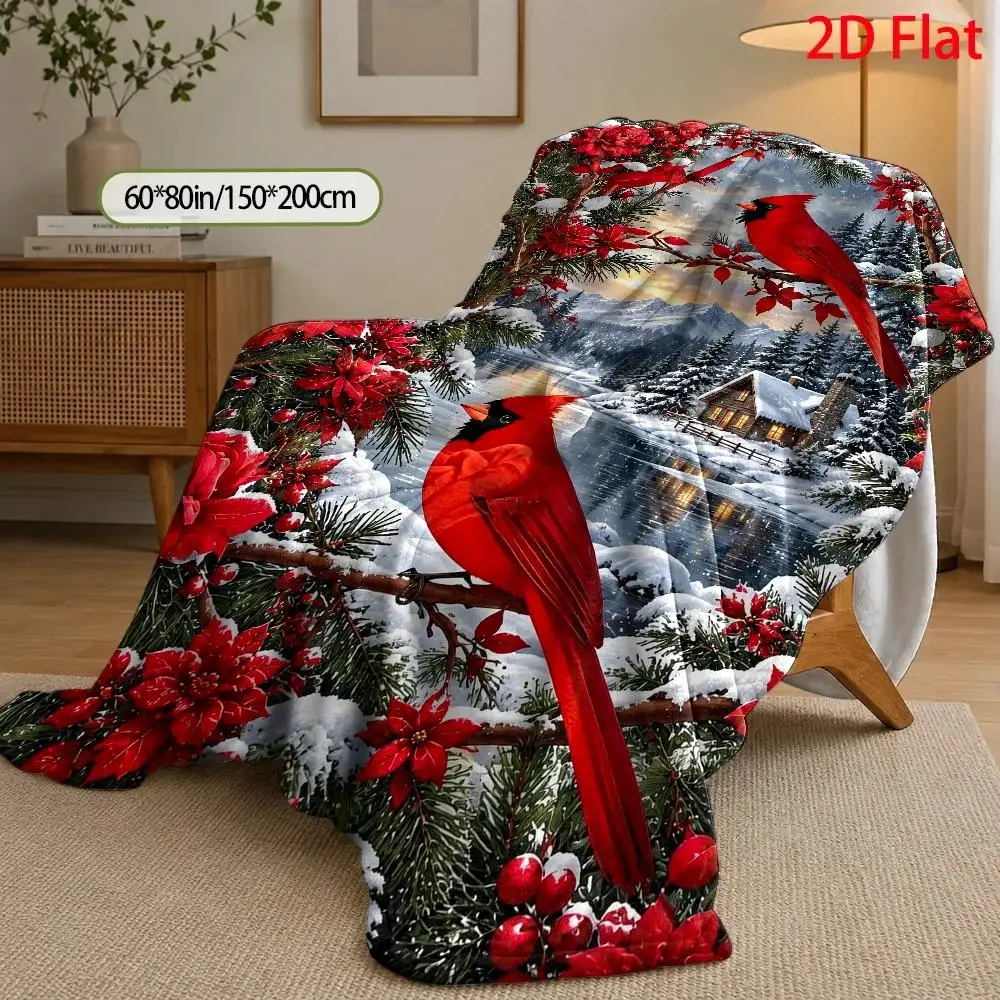 Christmas Cardinal Flannel Blanket Snowy Cabin Lake Pine Forest Poinsettia Winter Bird Throw Blanket for Sofa Bed Couch Bedroom Living Room Holiday Home Decor Seasonal Gift Cozy Nap Blanket Office Travel Woodland Bedding Farmhouse Room Accent
