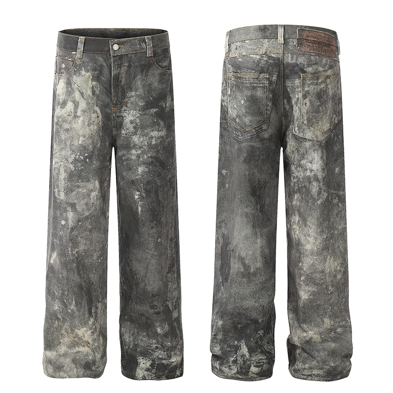 

Wholesale High Quality Cotton Denim Pants Direct Jet Printing Graffiti Distressed Loose Casual Mud Dyeing Destroyed Men's Jeans