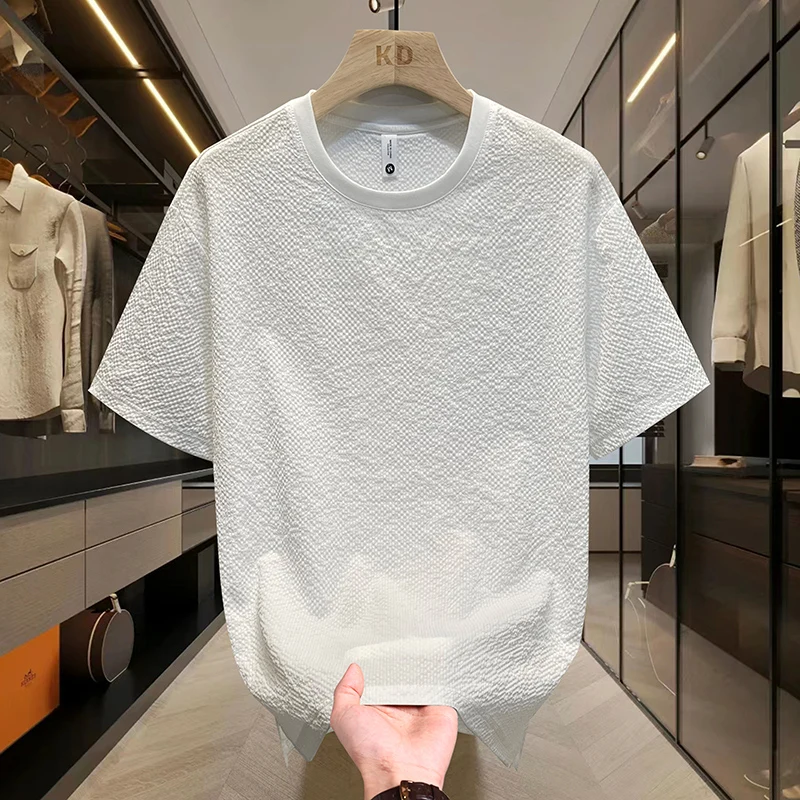 Summer Textured Seersucker Tee For Men Slim Fit Round Neck Short Sleeve Shirt Lightweight Breathable Top Mens Summer T Shirt image 2