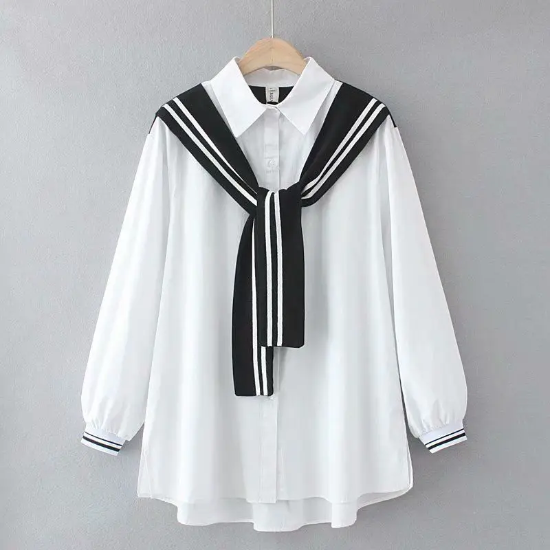 Women Spring New Commute Polo-Neck Fake Two Color Matching Shawl Long Sleeve Loose Casual Look Thin Single Breasted White Shirt