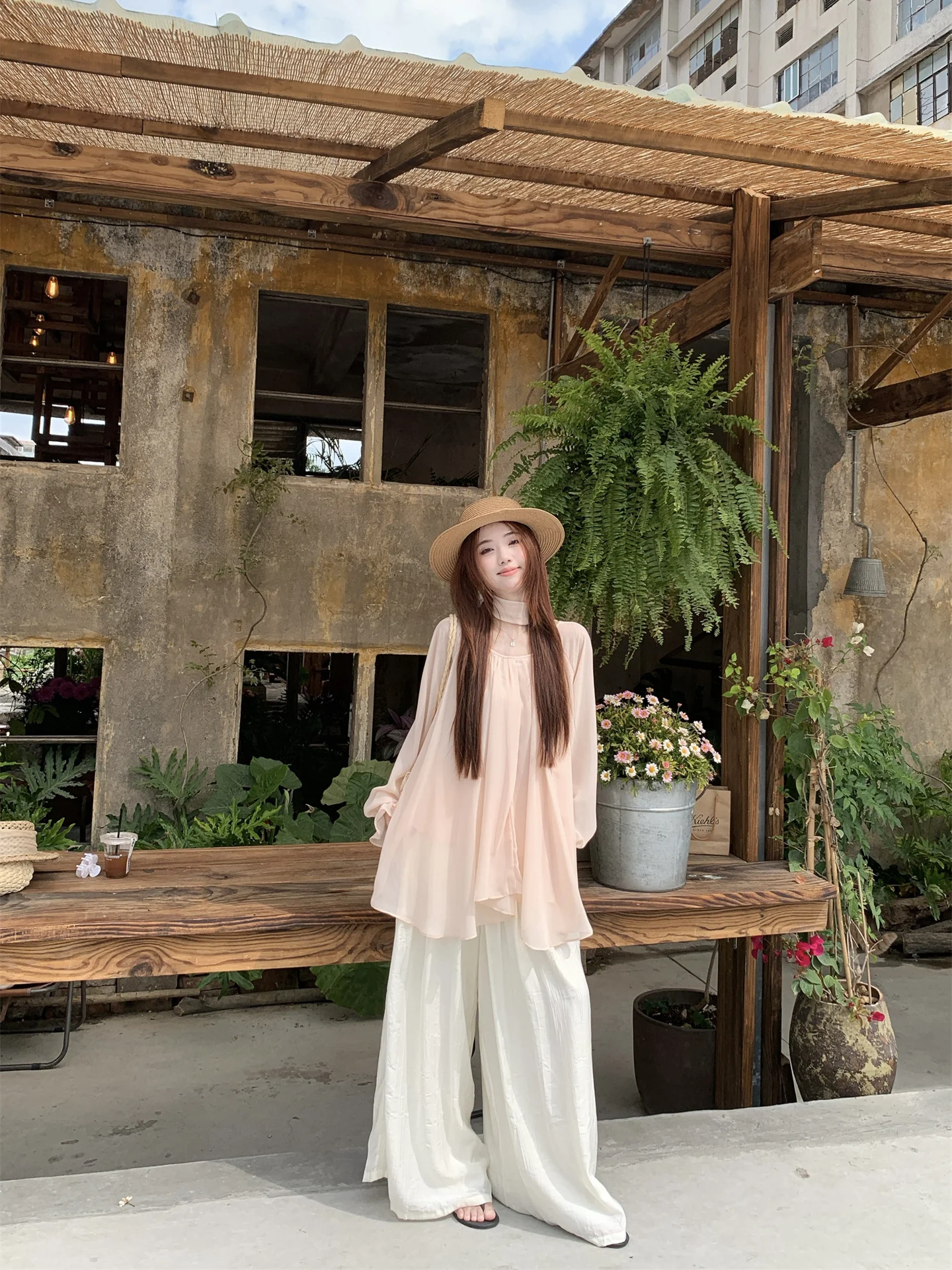 

Fashionable Loose Long Sleeve Shirt And High Waist Wide Leg Pants Women's Two Piece Set Spring Season Casual Wear Polyester F...