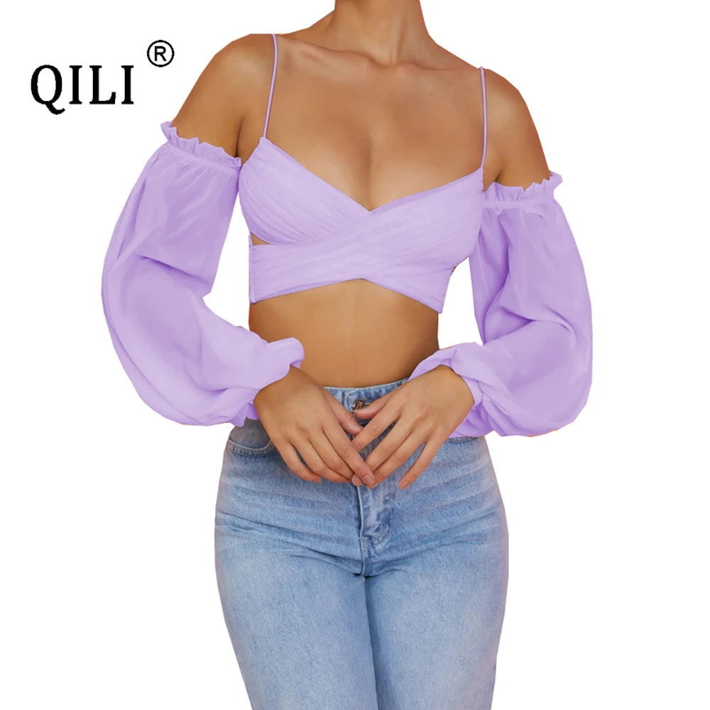 

QILI-Off Shoulder Chiffon Top for Women, Long Sleeve Blouse, Suspender Short, Summer, New