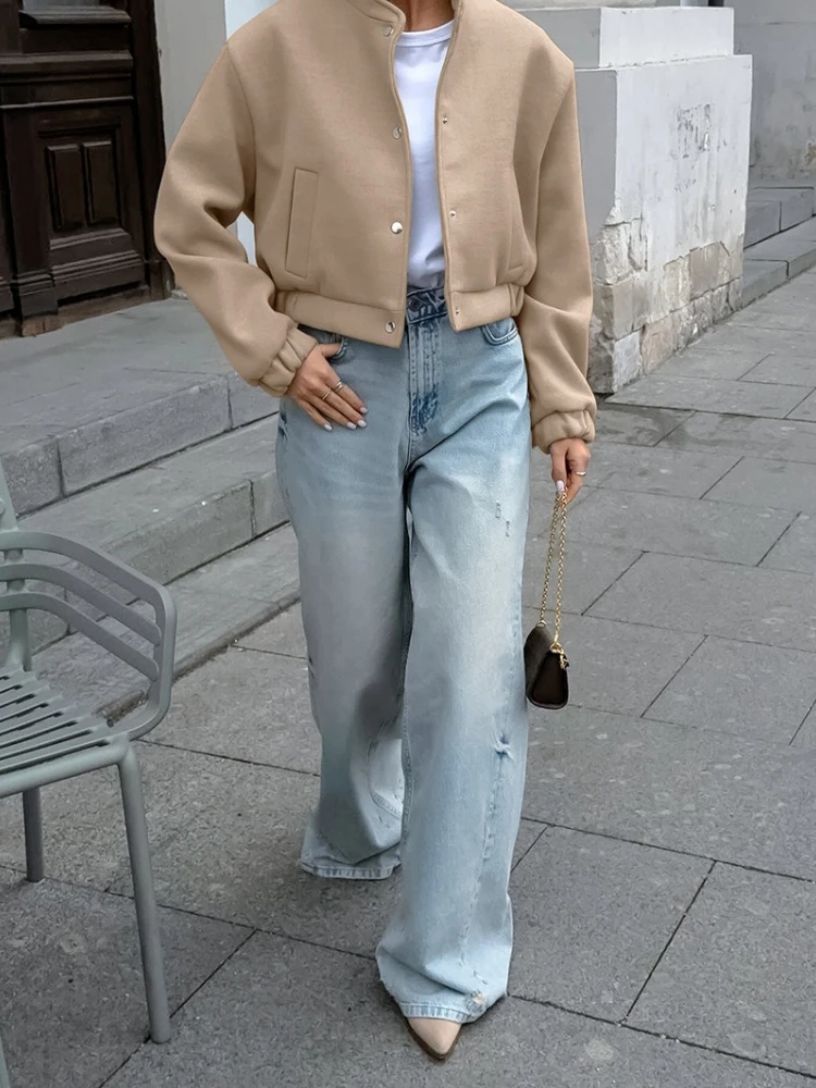 European American Autumn Winter Flight Jacket Fashion Khaki Thick Small Stand-up Collar Woolen Jacket Commuter  Women's Clothing