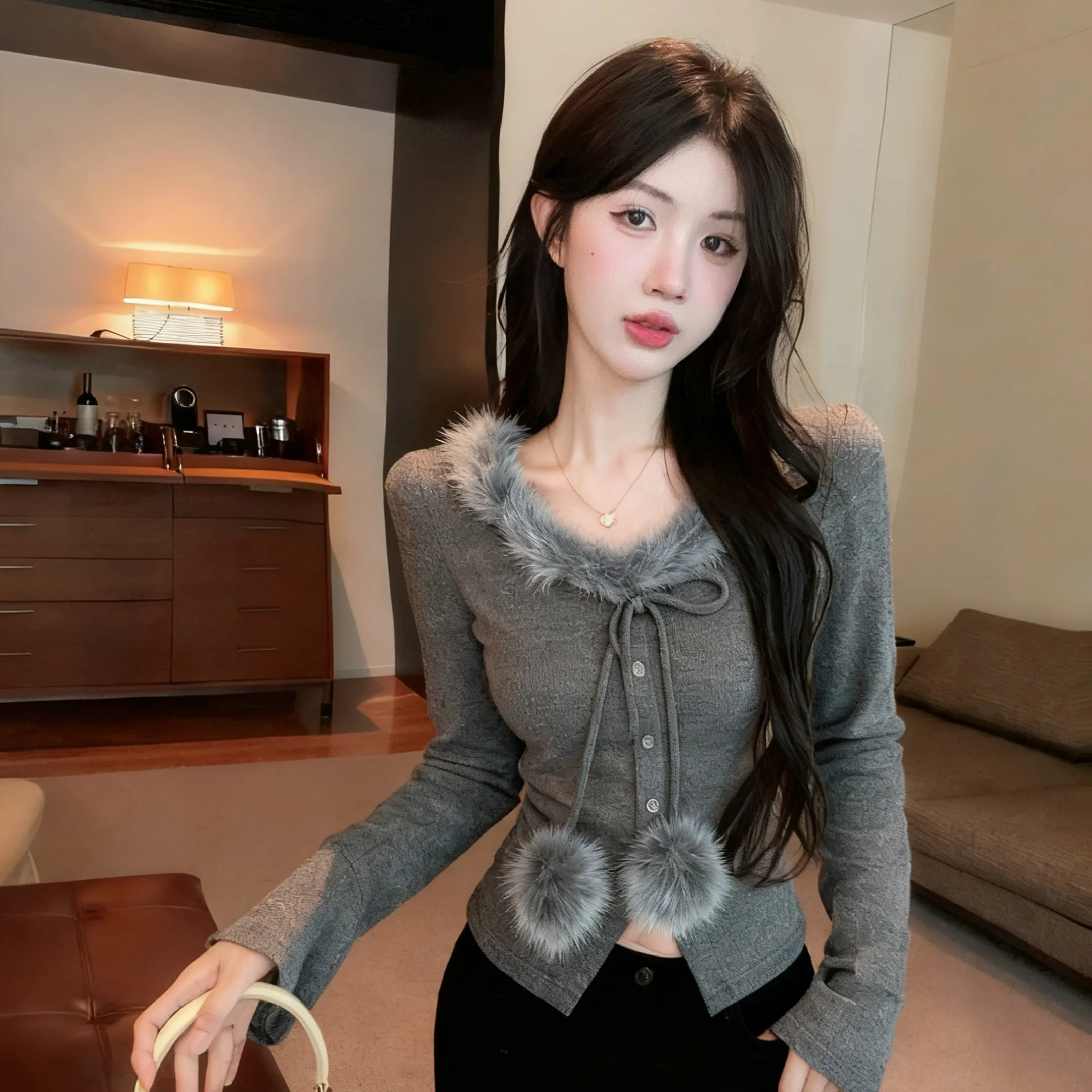 Modny kołnierz z futra, ozdobny sznur, podstawa z kulką, odzież wierzchnia, zimowy, nowy, elegancki, damski, modny T-shirt, codzienny, jednolity kolor.