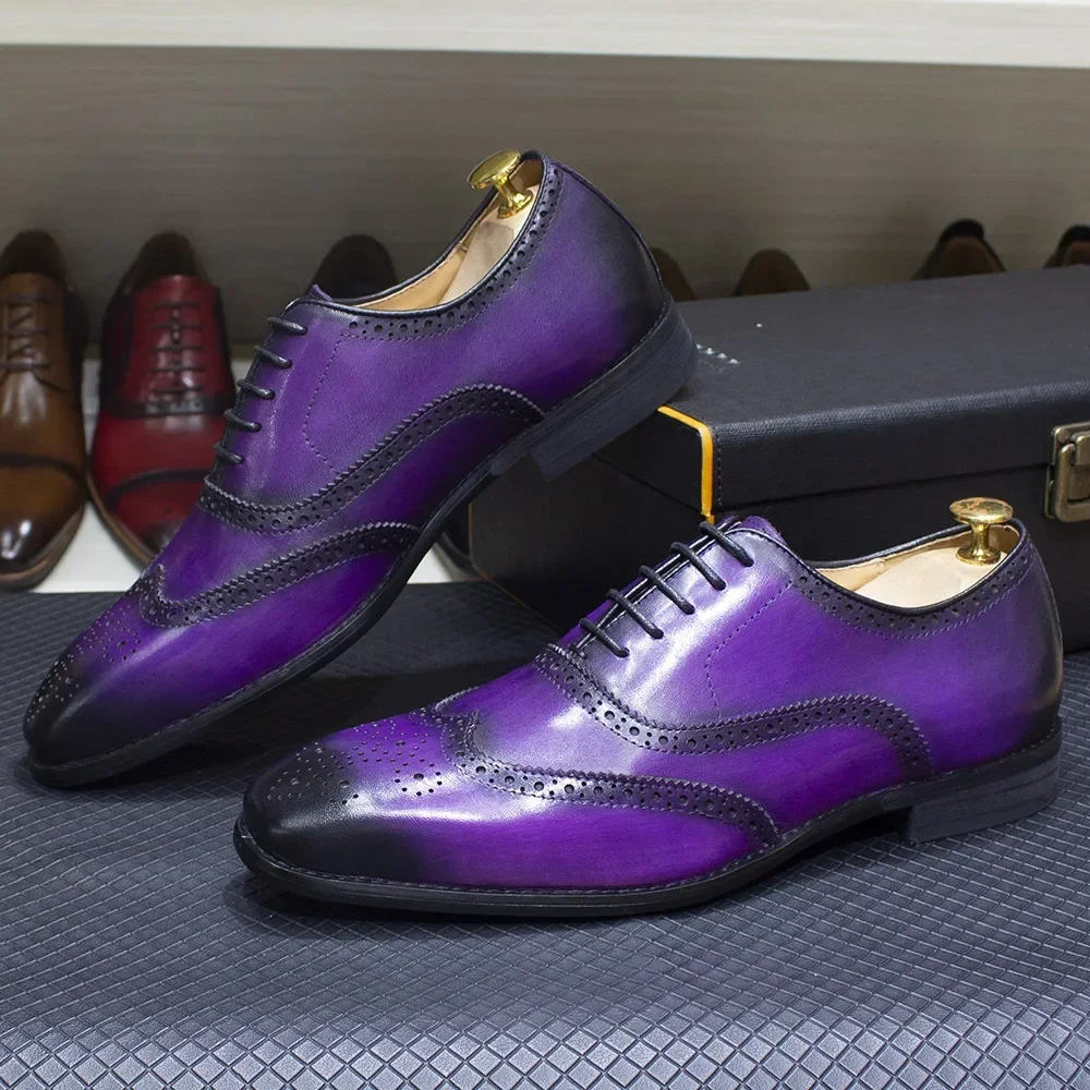 Luxury Italian Style Mens Dress Shoes Calfskin Genuine Leather Brogue Business Wedding Party Wingtip Formal Oxford Shoes for Men