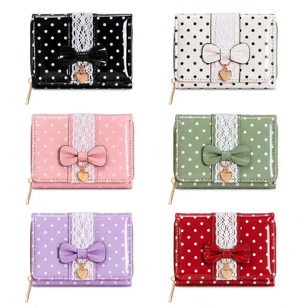 Luxury PU Leather Wallet Tri-Fold Wallet Glossy Finish Coin Purse Bow Decoration Polka Dot Pattern Money Purse Women's Wallet