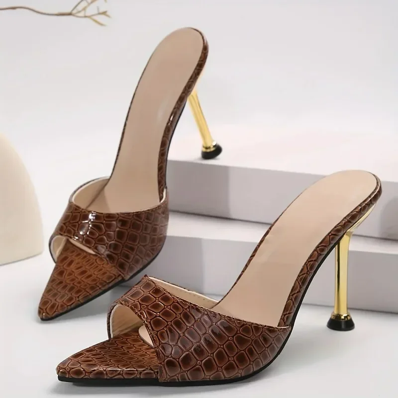 Glamorous Crocodile Texture High Heel Sandals Chic Slip On Stilettos with Pointy Peep Toe for Fashion Forward Parties Banquets