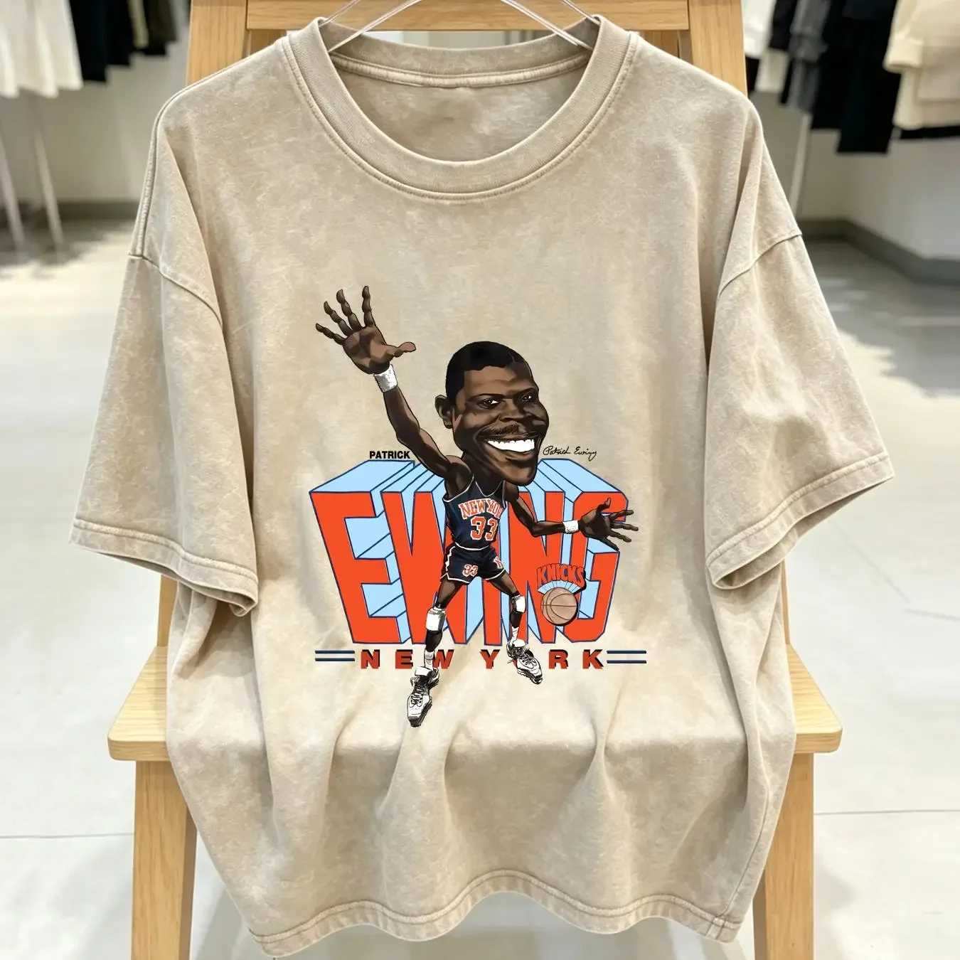 washed T Shirt Patrick Ewing Caricature Big Head Sport gray tee All sizes 2F1362 long sleeves vintage Washed Breathable