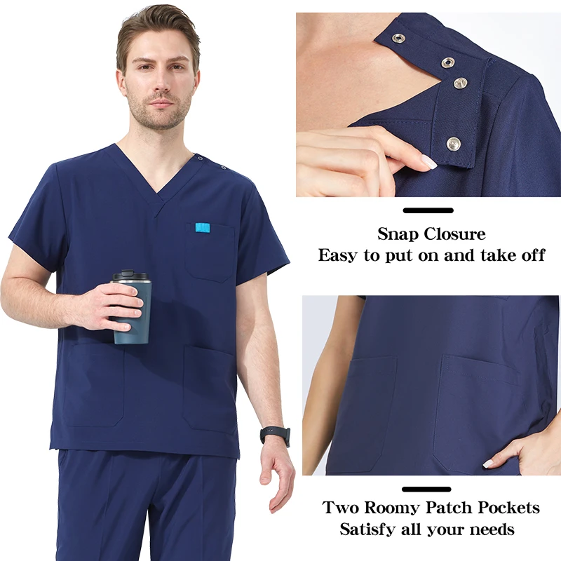 4-Way Stretch Doctor Hospital Uniforms for Men V-neck Snap Closure Dentist Medical Scrubs Operating Room Surgical Sets S03