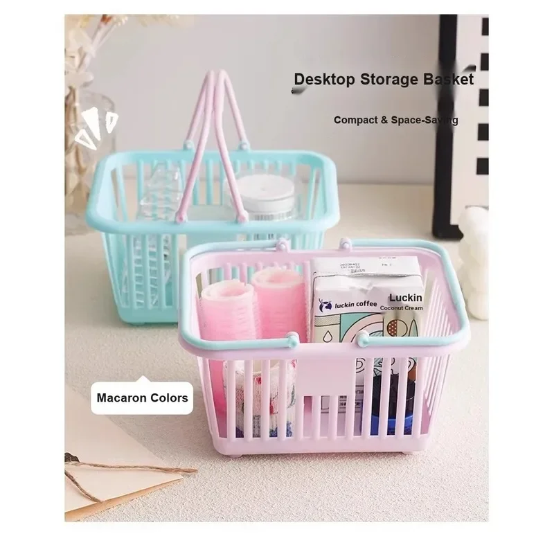 Hollow Plastic Storage Basket With Carry Handle Multi-purpose Desktop Organizer for Cosmetics Snacks Bathroom Kitchen Small Item