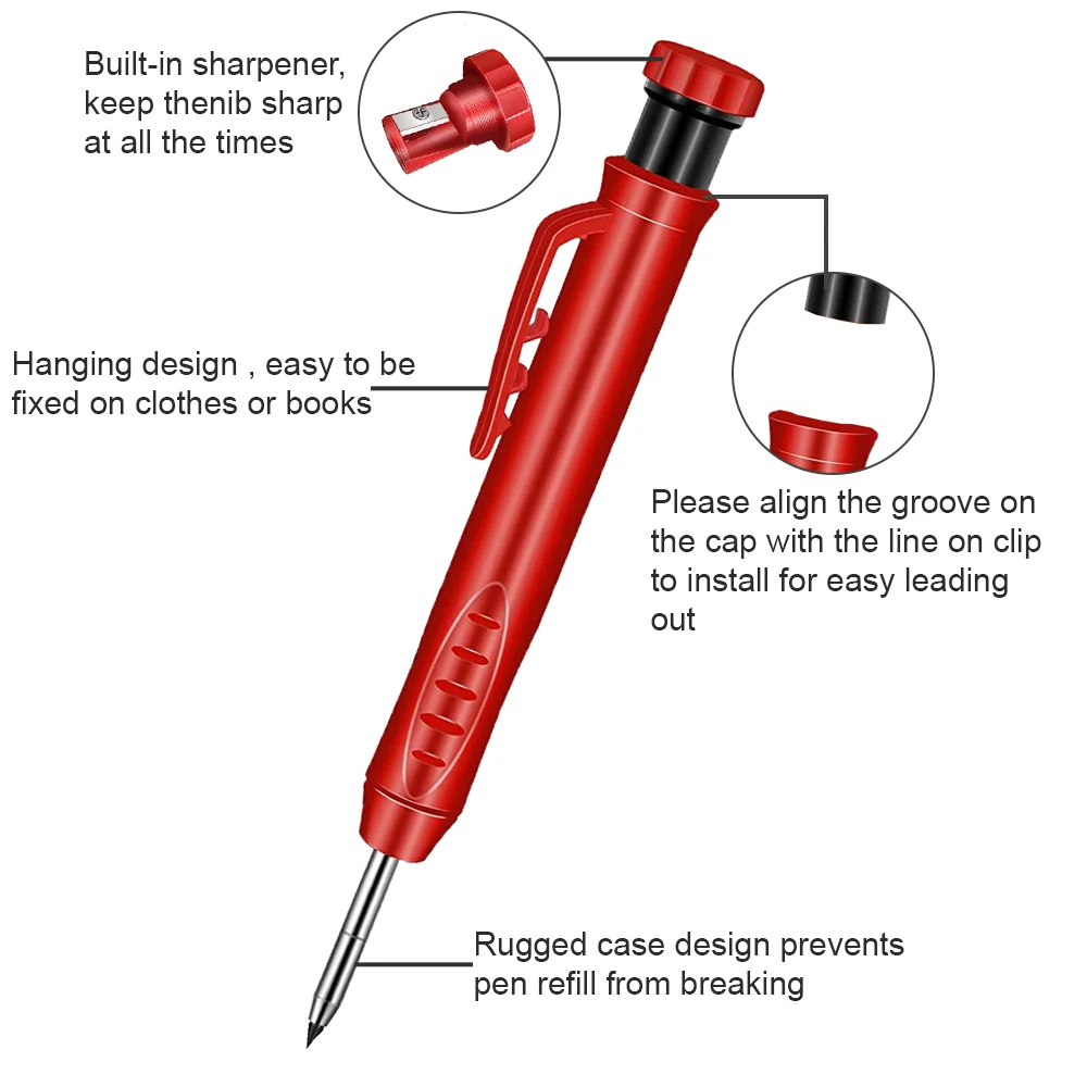 Solid Carpenter Pencil Set with Refill Leads Built-in Sharpener Deep Hole Mechanical Pencil Marker Woodworking Construction Tool