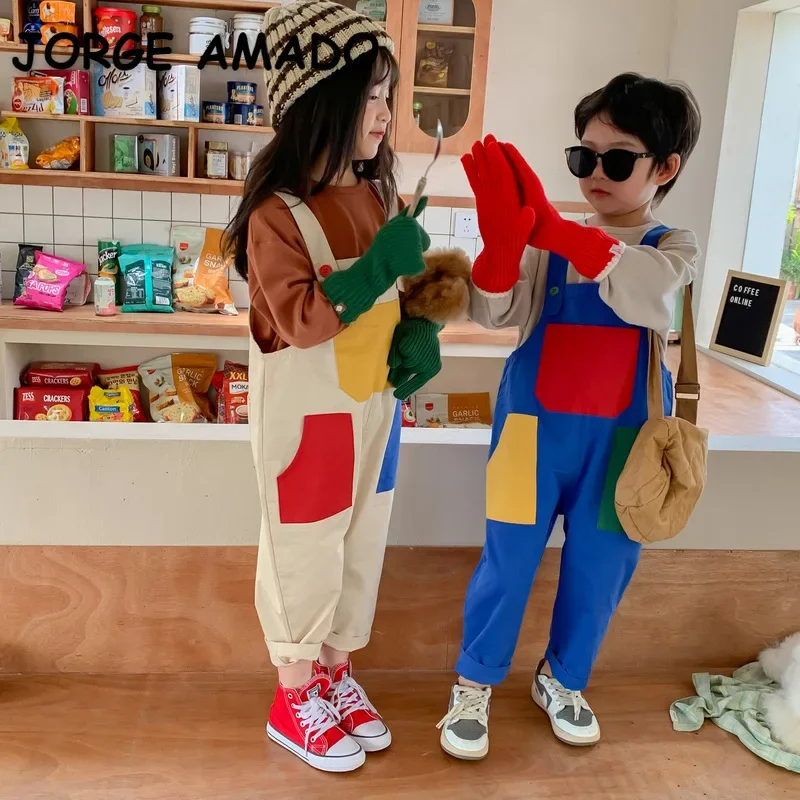 Korean Style Baby Girl Boy Overalls Blue Beige Red Colour Patchwork Pocket Jumpsuit Child Casual Clothing E2227