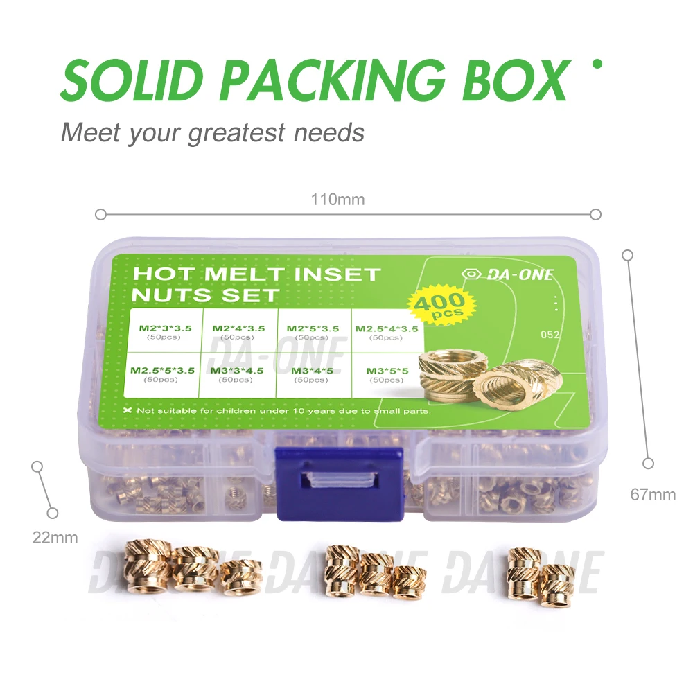 M2 M2.5 M3 M4 M5 M6 Brass Hot Melt Inset Nuts Assortment Kit Thread Copper Knurled Threaded Inserts Embedment Nut Set 65-400 Pcs