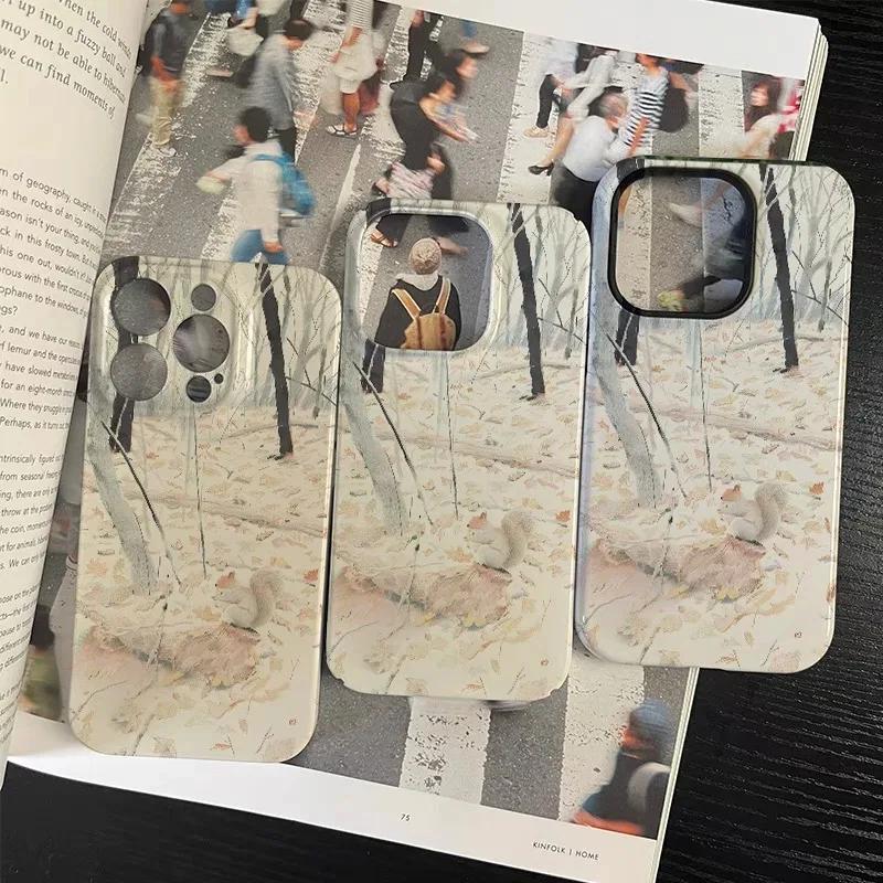 INS Autumn Maple Leaf Cute Squirrel Case for IPhone 16E 15 14 13 12 11 Pro Max X XS XR XSMax 7 8 Plus Glossy Film Hard PC Cover