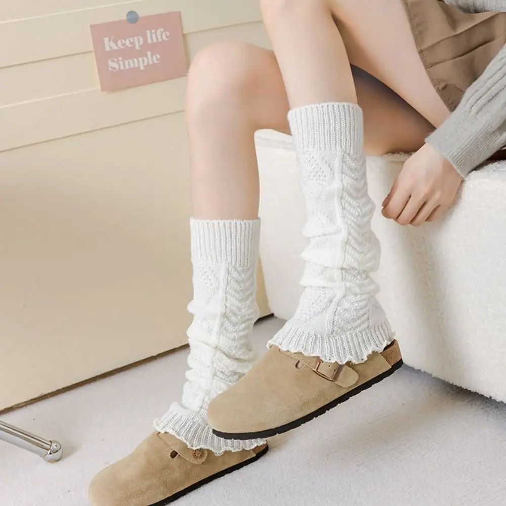 Japanese Style Knitted Knee Socks Solid Color Stacked Leg Warmers Crochet Design Vertical Stripe Knee Sleeves Winter Season