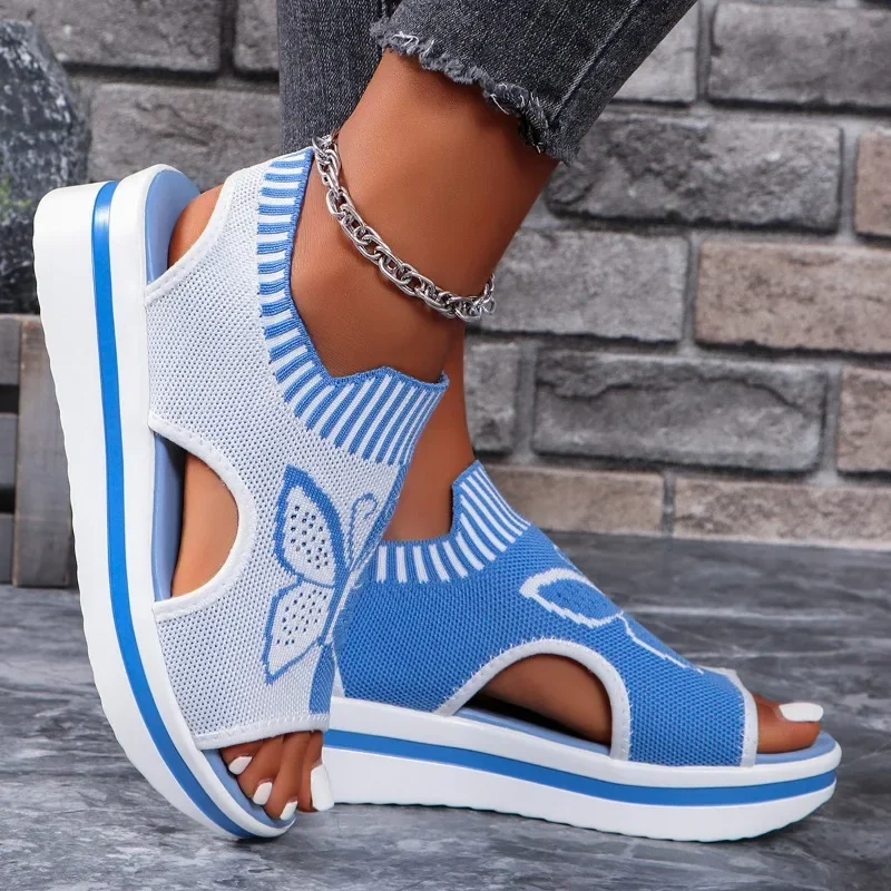 Women\'s Roman Flat Sandals Mesh Fish Mouth Casual Low Heels Summer Thick Sole Shoes Sports Wedge Beach Comfort Sandals 36-43