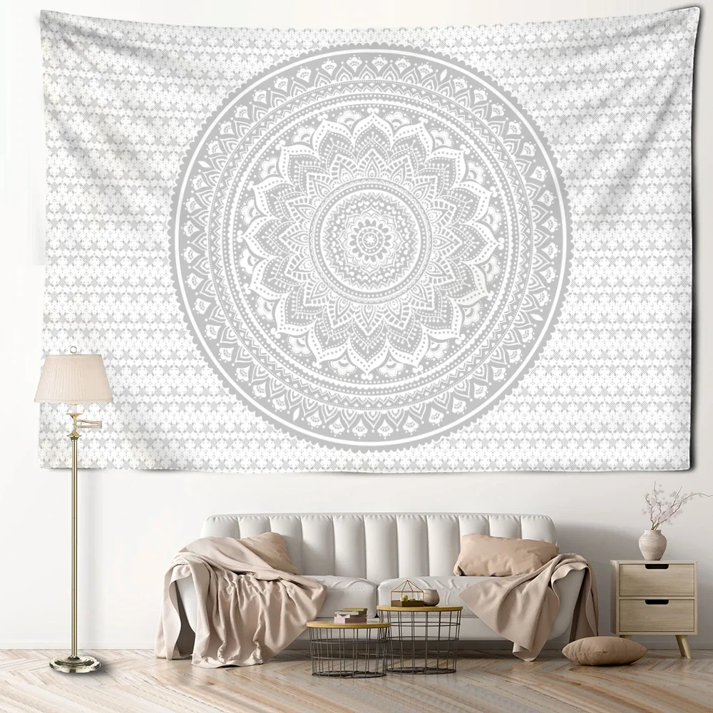 Abstrakter grauer Mandala-Wandteppich, Wandbehang, Kunst, Bohemian-Stil, psychedelisch, Hippie, Tapiz, Ästhetik, Raumdekoration, Hintergrundstoff