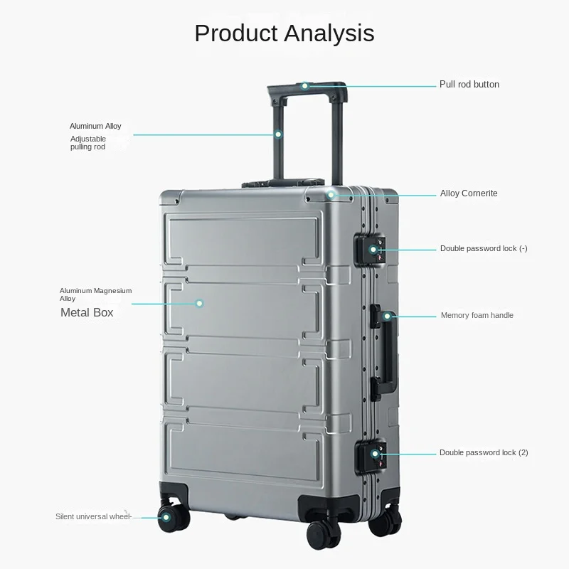 Graded Version Aluminum Magnesium Alloy Travel Suitcases with Wheels Free Shipping Medium Size Luggage Metal Frame Draw Bar Box