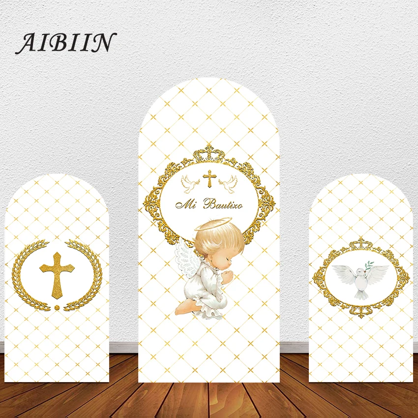 

AIBIIN Baptism Arch Backdrop Cover Gold Cross God Bless Kids First Communion Christening Party Decor Photography Background