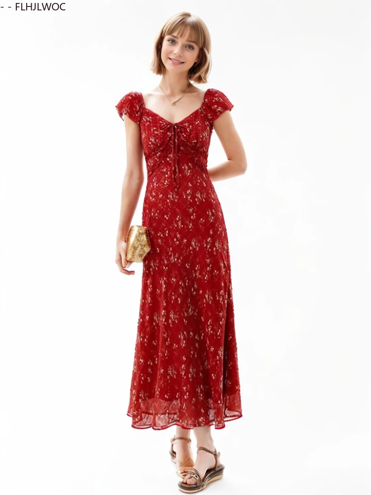 Retro Vintage Korea Japan Stil Mädchen Floral Rot Langes Kleid Sommer Kurzarm Urlaub Niedliche Blume Chiffon Fliege Hemd Kleid