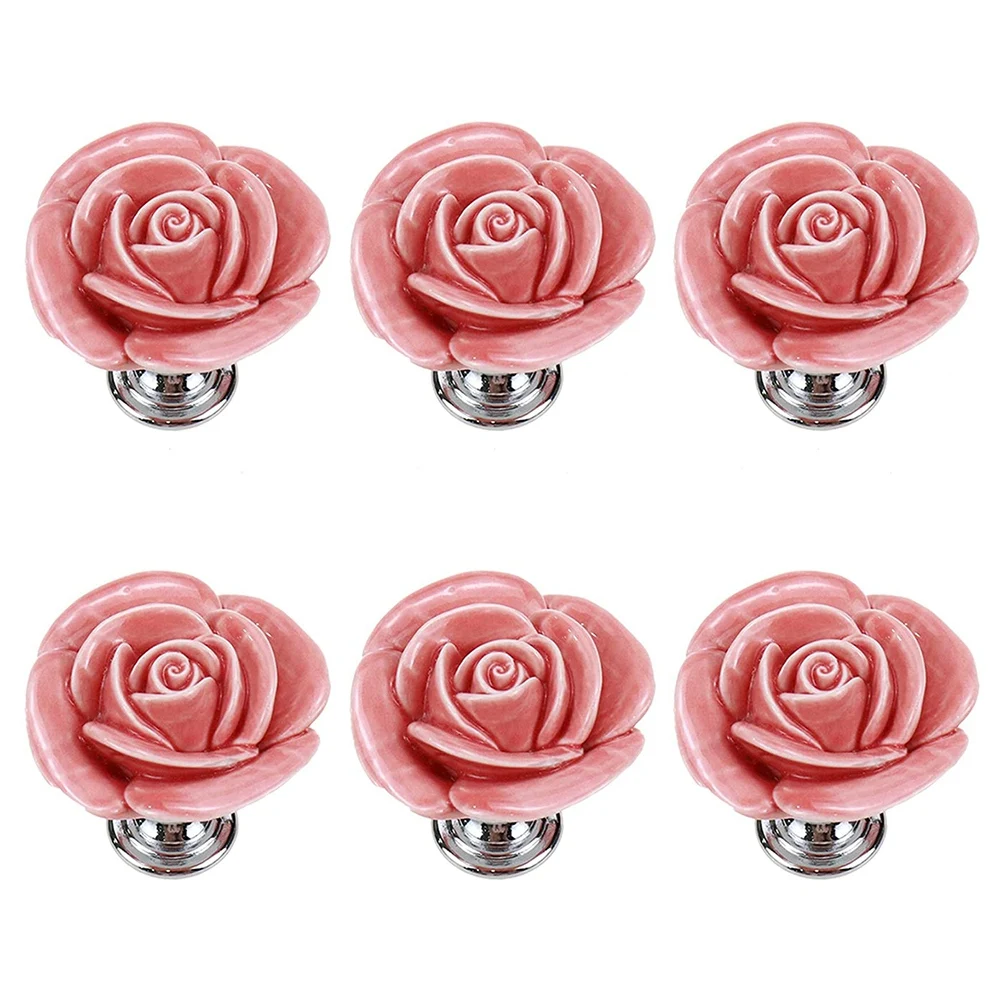 Ceramic Rose Cabinet Knobs 6 Pack Cupboard Door Knobs Drawer Dresser Pull Handles with Screws (Pink)