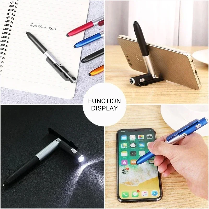 4 In 1 Multifunction Ballpoint Pen with LED Light Fold Phone Holder Night Read Writing Pencil Office School Student Stationery