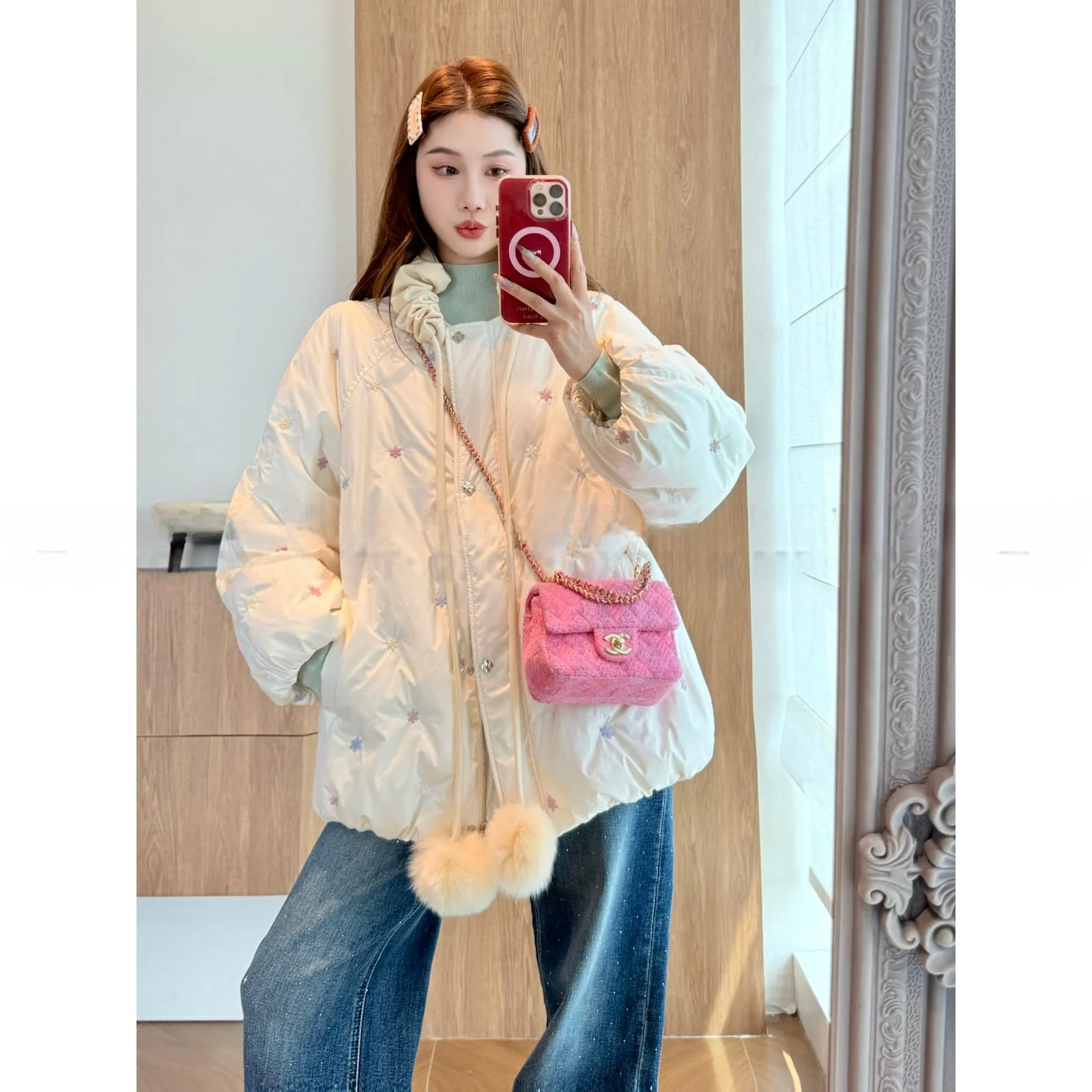 

Изысканная вышивка, белый пуховик, женская свободная куртка с воротником-букетом, зимнее теплое пальто с цветочным принтом и застежкой-молнией