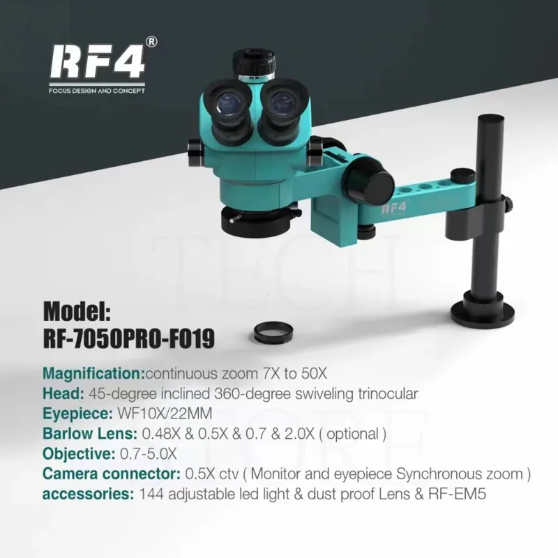 Imagem -05 - Microscópio Trinocular com Zoom Contínuo Giratório de 360 Graus Rf4 Rf7050pro F019 7x a 50x Wf10x 22m