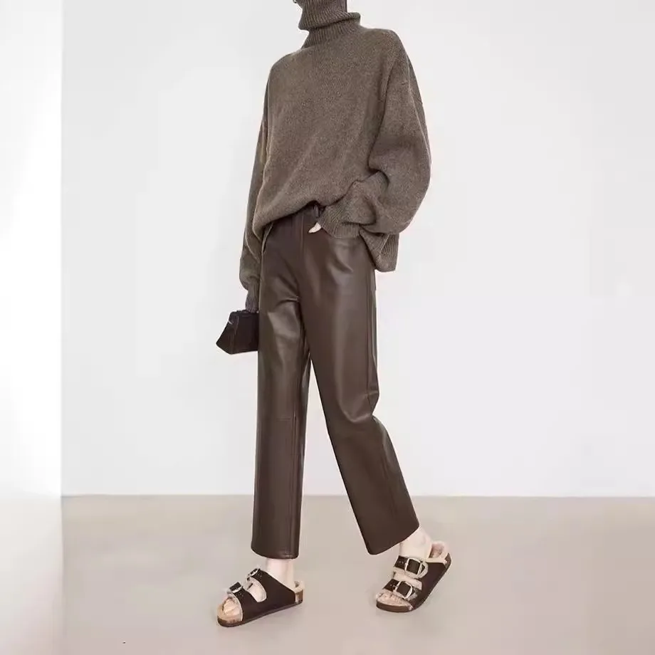 Tao Ting Li Na Genuine Leather Pants Light Luxury Sheepskin Maillard Casual Trousers High Waist Slim Straight Women's Pants