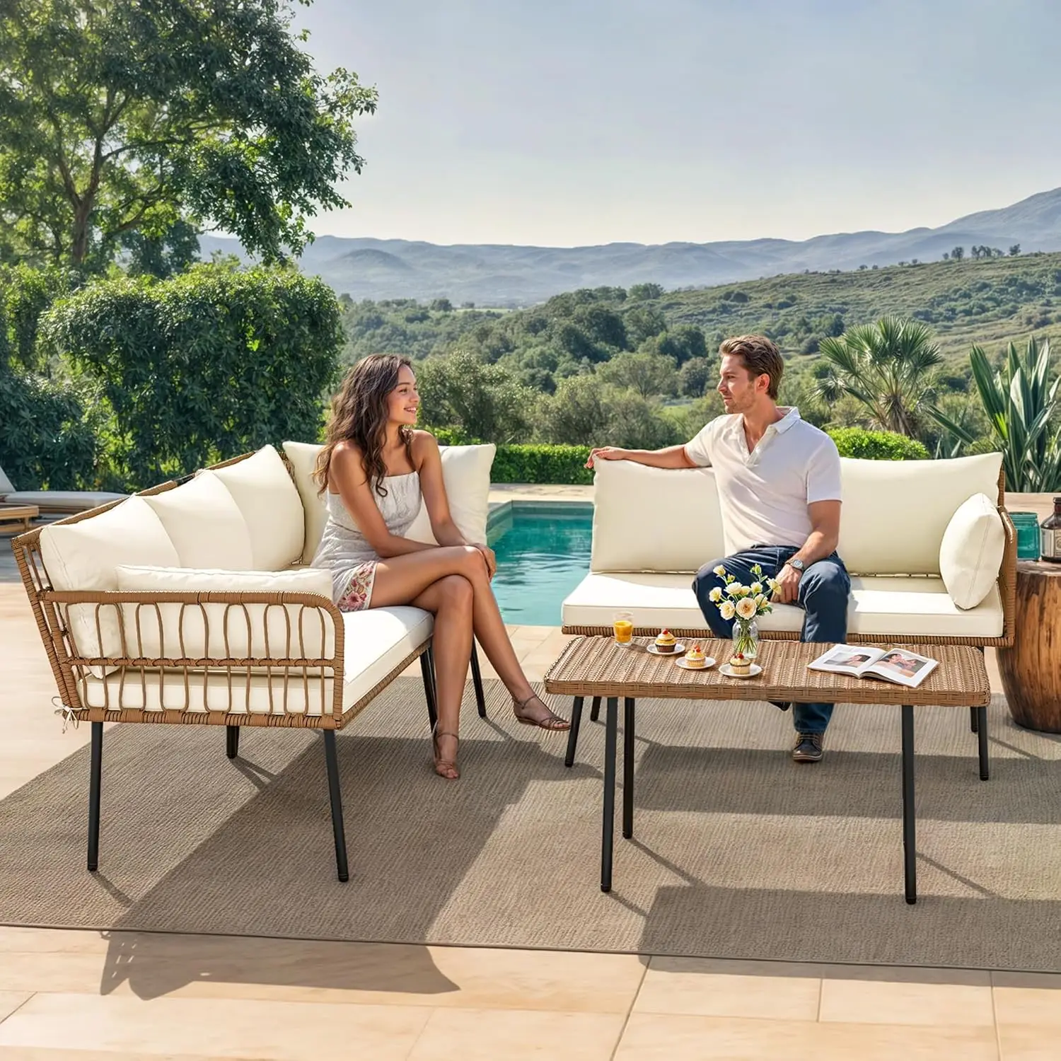 

4-Piece Wicker Patio Furniture Set, All Weather PE Rattan Conversation Set Sectional Sofa with Soft Cushions & Side Table