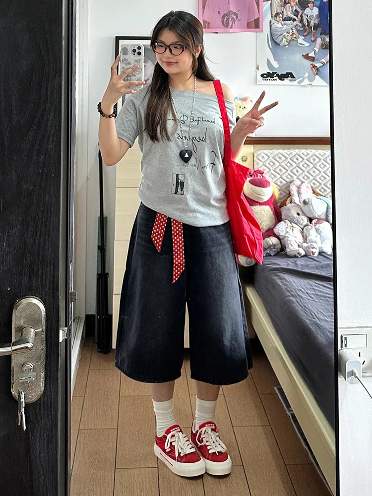 

Женские джинсы больших размеров с широкими штанинами, прямого кроя, летние брюки для женщин с фигурой типа «груша», удобные, дышащие