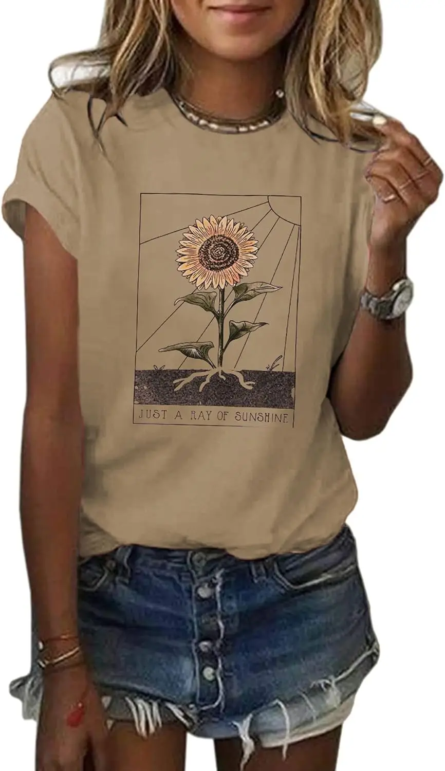 Womens Dandelion Graphic T-Shirts Teen Girls Cute Sunflower Print Casual Tee Tops