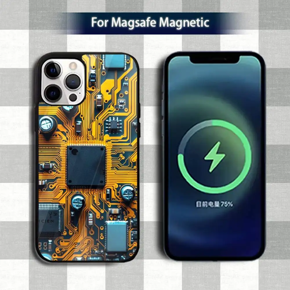 Custodia per telefono con scheda circuito C artistica stampata per iPhone 13,12,15,17,11,16,14,Pro,Max,Plus,Mini,Magsafe, custodia di ricarica wireless magnetica