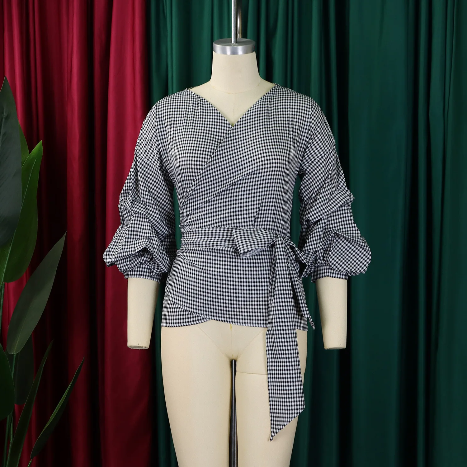 Kemeja Pullover Lengan Puff Panjang Ramping Kerah V Trendi Kasual Kotak-kotak Wanita Mode Eropa Amerika Baru Musim Panas 2025 Atasan Wanita