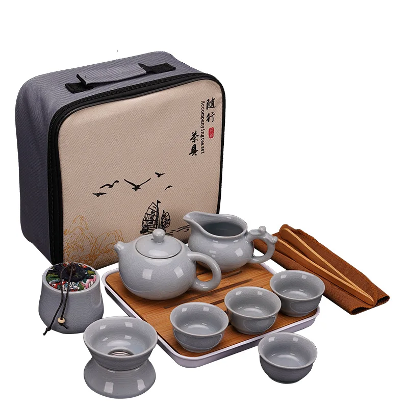 Travel Ceramic Kung Fu Tea Set  Tray Full  of Portable Storage Package pot cup  